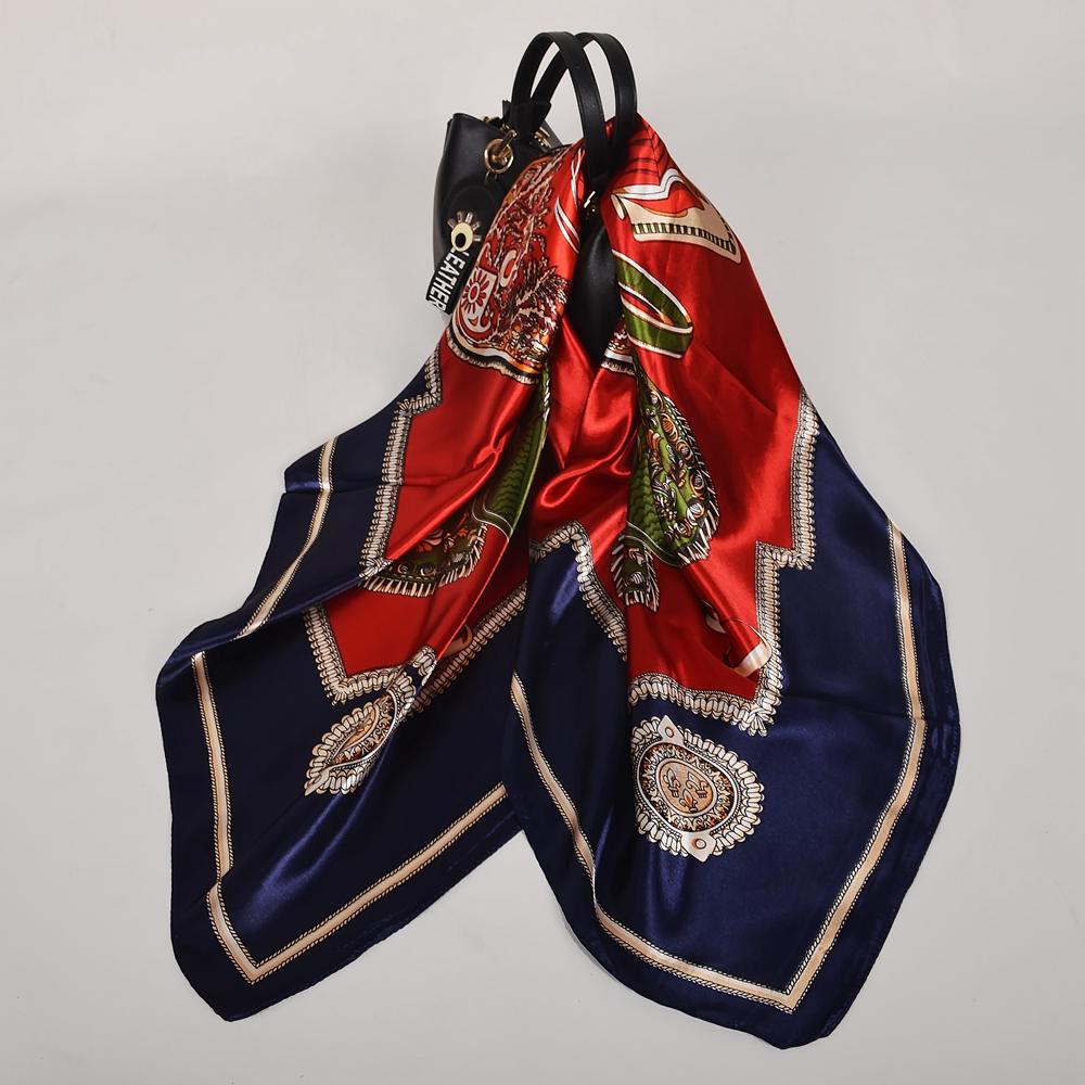 Модный бренд Женский бежевый полиэстеровый шелковый шарф шаль Новый стиль Большой квадратный Дамские атласные шарфы Хиджабы Принтованные шелковые палантины 90*90см