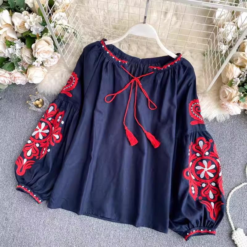 Sweet Style Women Pullover Shirts Embroidery Patchwork Bandage V-neck Lantern Sleeve Spring Summer 2024 New Blouse
