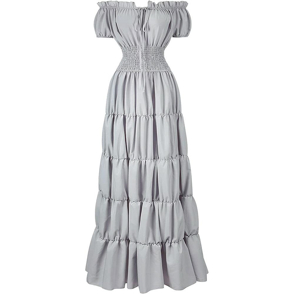 Women's Solid Color Short Sleeve Boat Neck Waist Medieval Retro Long Plus Size Dress