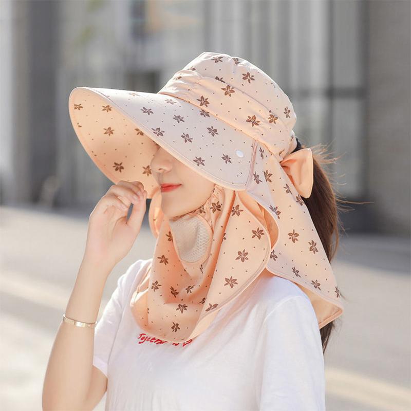 Female Summer Sun Hat Uv Protection Removable Face Mesh Neck Flap Shawl Hat