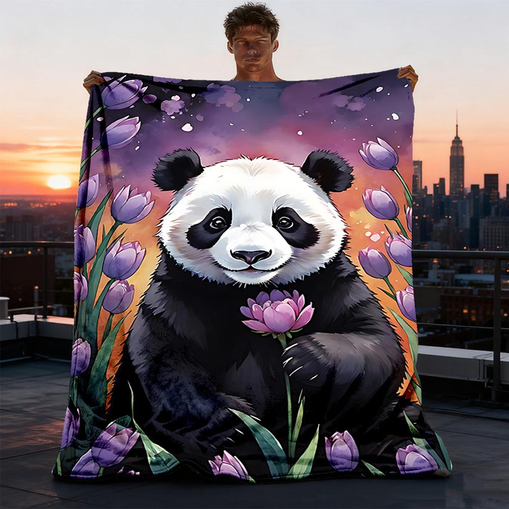 1pc Panda Flower Throw Blanket Polyester Fiber, Lightweight Flannel, Soft & Warm, All Season Use for Outdoor, Camping Digital Print