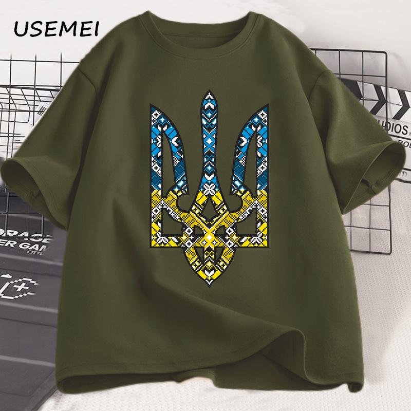 Футболка с принтом эмблемы Украины Мужская Женская с круглым вырезом Повседневные топы Футболки Украинский трезубец Подарок Футболка Хлопок Оверсайз Футболка Одежда