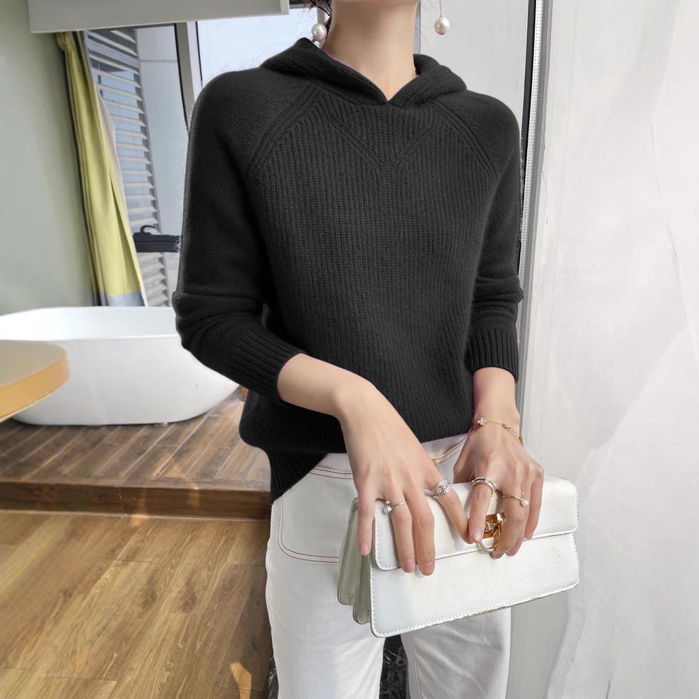 Women's Pure Wool Hooded Knit Sweater with Raglan Sleeves for Autumn and Winter