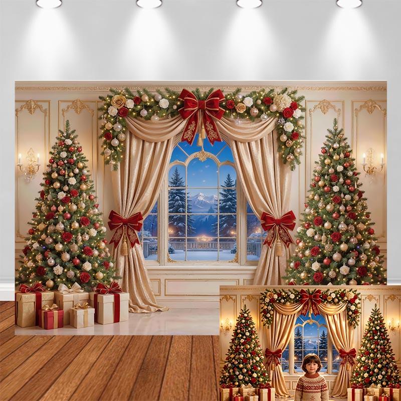 LS Christmas Window Trees Backdrops Kids Baby Photography Props Child Photocall Decors Fireplace Snowy Scene Backgrounds