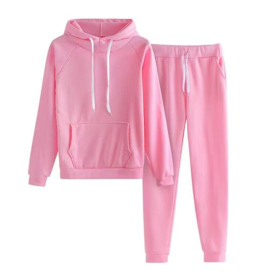 2 Pcs/Set Women Hoodie Pants Suit Solid Color Plush Long Sleeves Thick Top Elastic Waist Ankle-banded Trousers Sport Fitness