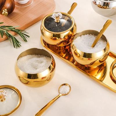 Золотые и серебряные бытовые кухонные горшочки для специй, сахара, перца, соли, специй, сахарница из нержавеющей стали с крышкой и ложкой