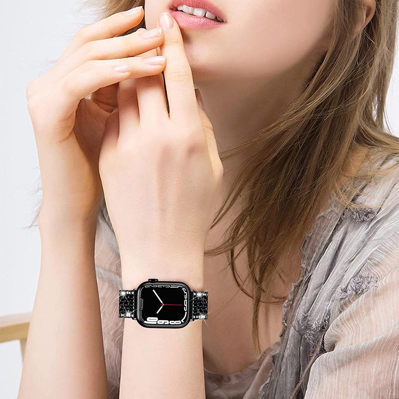 2 Rows Rhinestones Decor Replacement Metal Watchband Wrist Strap for Apple Watch Series 9/8/7 41mm/6/5/4/SE (2023)/SE(2022)/SE 40mm/3/2/1 38mm