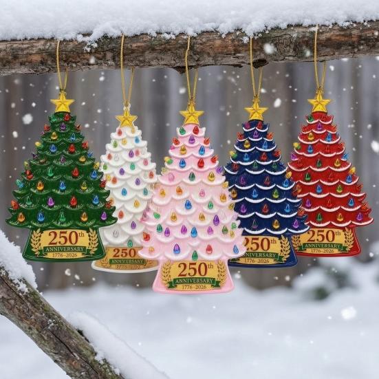 Decorative Wall Hanging 5 Pcs 2D Flat 250 Anniversary USA Christmas Tree Ornament, Year Personalized Xmas Gifts of America 1776-2026 Acrylic Patriotic