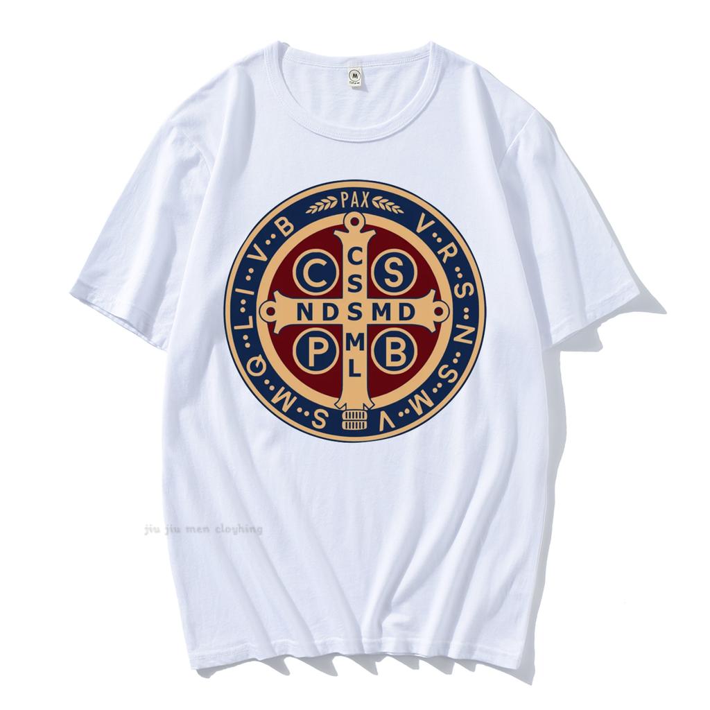 Футболка-пуловер с изображением католической медали Святого Бенедикта, мужская и женская повседневная хлопковая футболка с принтом, винтажная футболка Harajuku Oversize