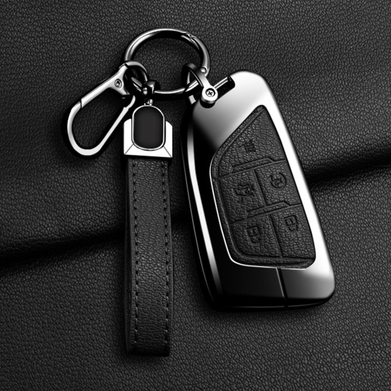 Zinc Alloy + Leather 5 Buttons Car Key Case Cover Fob Holder Shell for Cadillac CT4 CT5 CT4-V C8 Corvette 2020 2021 Escalade
