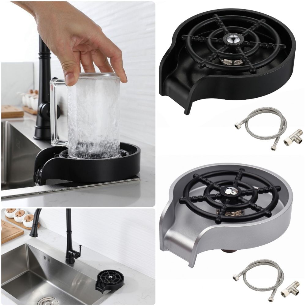 Automatic Cup Washer Black Silver Sink Water Bottle Washer Durable Cup Rinser  For Kitchen Sink