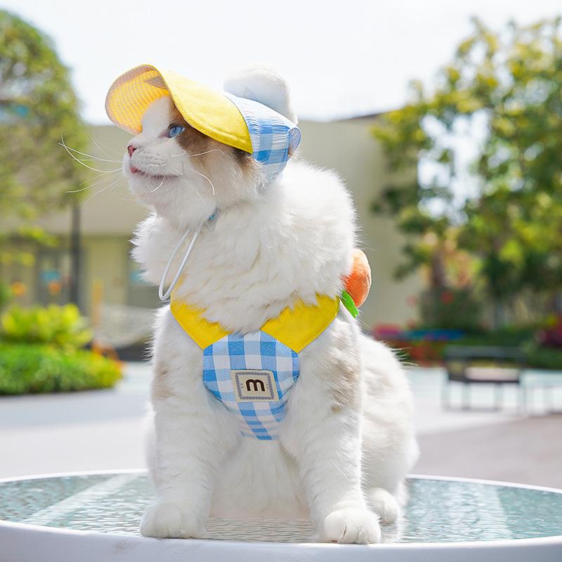 Cartoon Pet Harness Leash Sun Hat Set Cute Kitten Puppy Costume Cat Small Dogs Vest Harness Rope Cap Outdoor Supplies