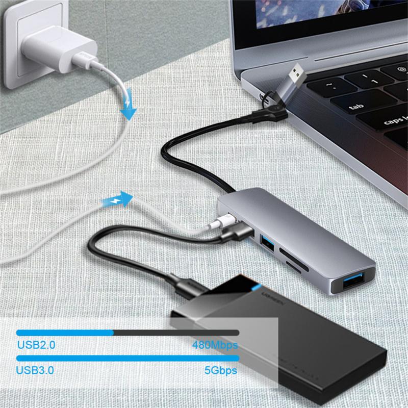 Usb C Hub 6-в-1 Док-станция типа C/USB с двумя головками Адаптер быстрой зарядки Pd с поддержкой Sd/tf