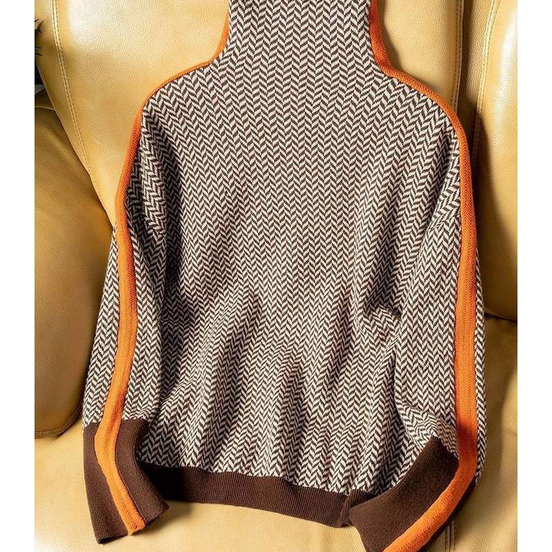 Geometric Pattern Knit Sweater With Color Block Edges For Women Fall