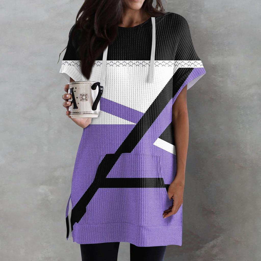 Женские свободные рубашки с принтом, толстовки с короткими рукавами и шнурком, вязаная туника с боковыми разрезами, топы с капюшоном и карманом