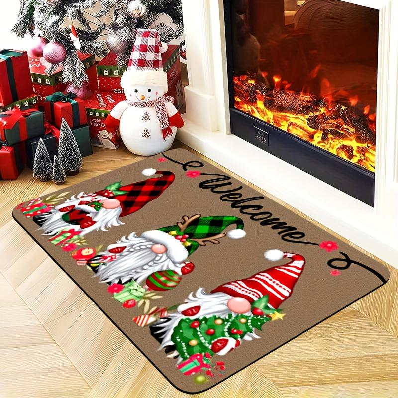 Vintage Xmas Entry RugTraditional Santa Claus Sled Elk Snowflake Plaid Border Printed Doormat for Home Porch Winter Decor