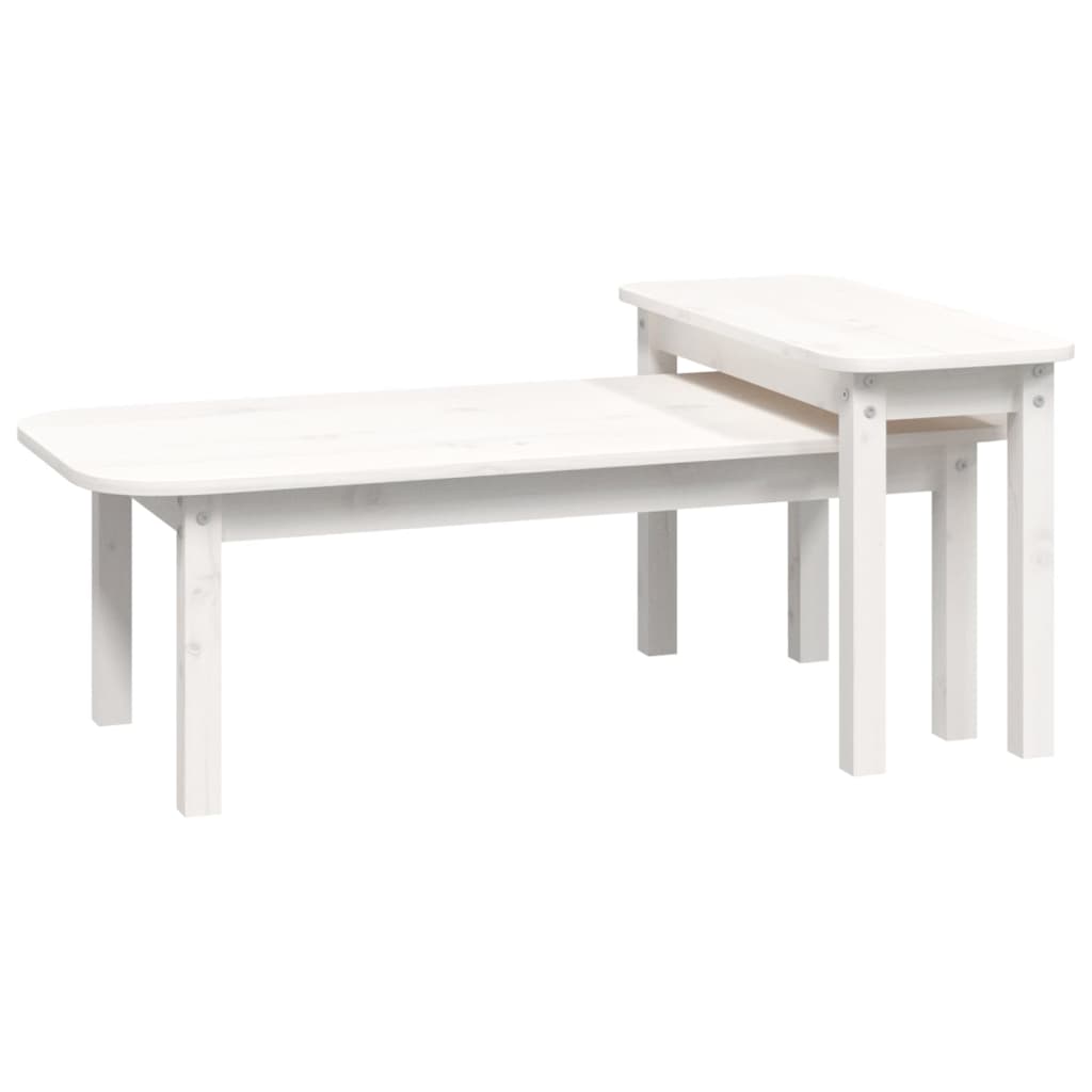 Coffee Table Set, White, 2 Pcs, Solid Pine Wood