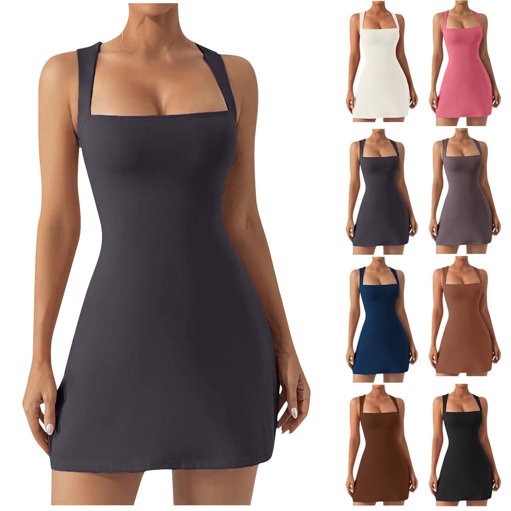 Women's Square Neck Bodice Dress Sleeveless Tank Top Stretch Mini Dresses