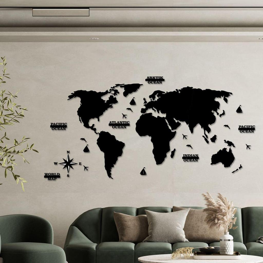 2D Decorative Wooden World Map Wall Decoration for Home Office Living Room Black World Map Wall Decoration and Accessory