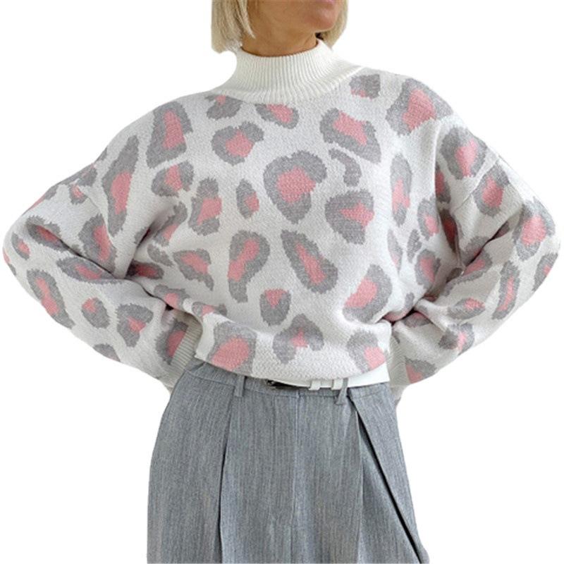 Зимний женский свитер с леопардовым принтом, базовая белая водолазка с животным, джемпер большого размера, винтажные теплые вязаные свитера для женщин