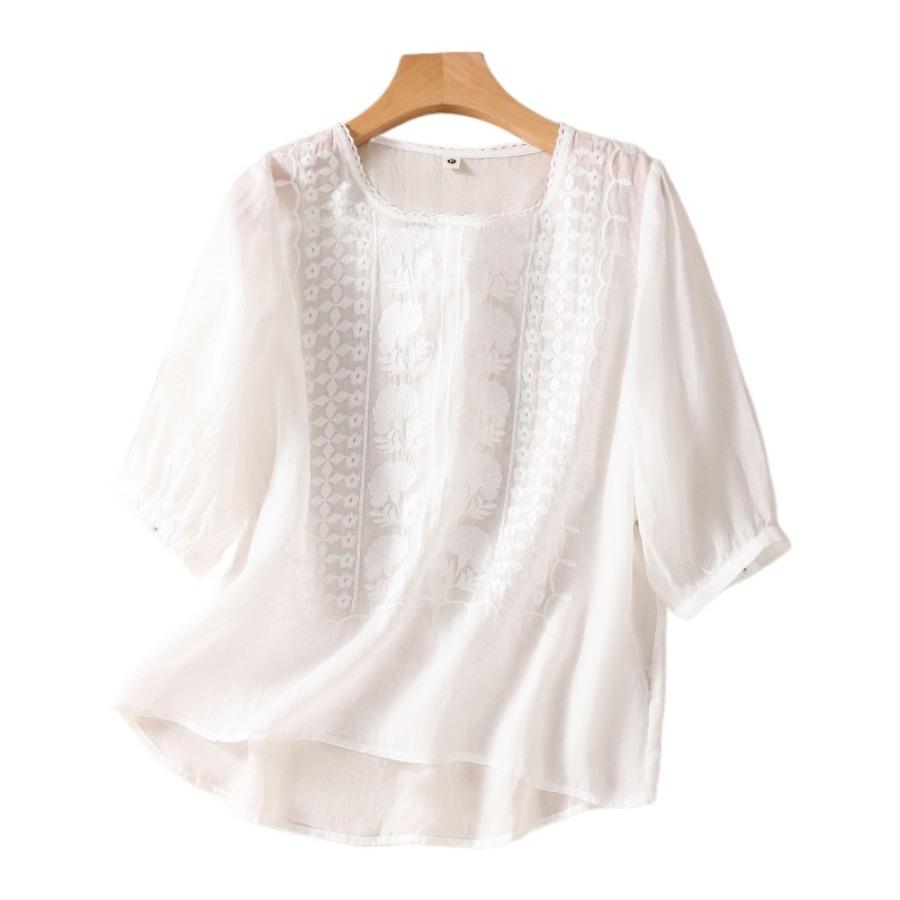 Летняя блузка для мамы, рубашка с коротким рукавом, винтажный тонкий женский топ с цветочной вышивкой, белый желтый топ