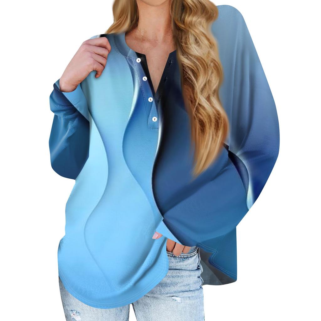 Women's New Button Collar Fashion Printed Long Sleeves T-Shirt Slim Top Casual Tops