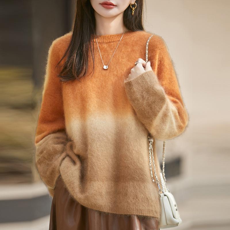 Sunset Cashmere Brushed Sweater Women'S Autumn And Winter New Loose And Thin Round Neck Brushed Pullover Women'S Top