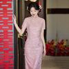 Elegant Red Brocade Qipao Dress Women Modern Chinese Style Wedding Banquet Engagement Gown With High Collar Side Slit