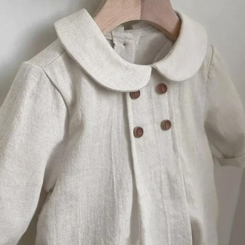 Autumn Linen Double-Breasted College Style Long-Sleeve Bodysuit for Babies