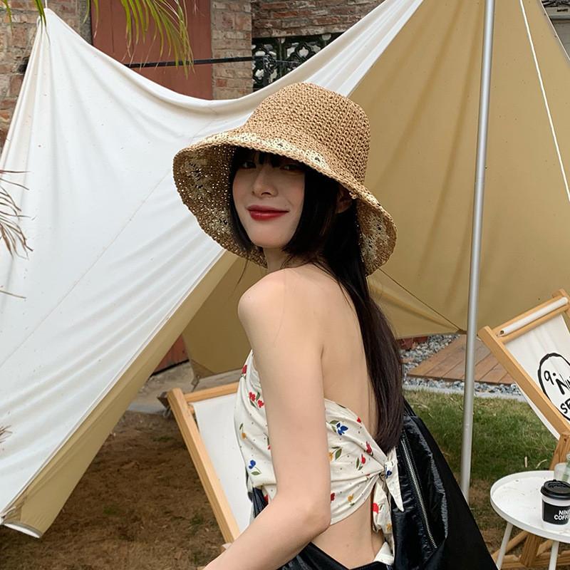 Модная соломенная шляпа с круглым верхом для женщин, солнцезащитная, с защитой от УФ-лучей, пляжная шляпа