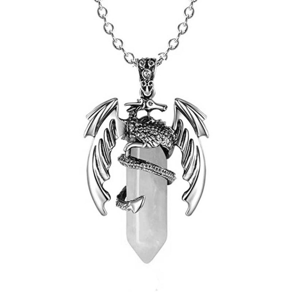 Natural Crystal Animal Dragon Pendant Pterosaur Necklace Women Men Stainless Steel Chain Hexagonal Raw Quartz Lucky Jewelry Gift