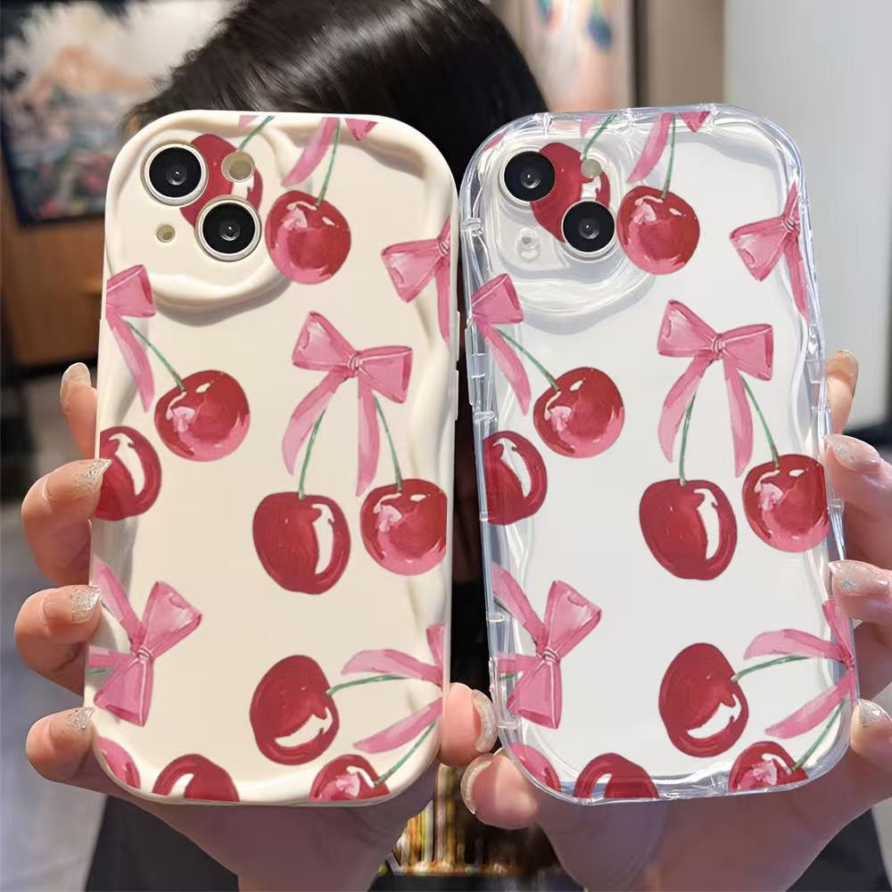 Cute Red Cherry Butterfly 3D Wave Phone Case for iPhone 17 Air 16 15 14 Plus 13 12 11 Pro Max 16E XR XS X 7 8 Silicone Cover
