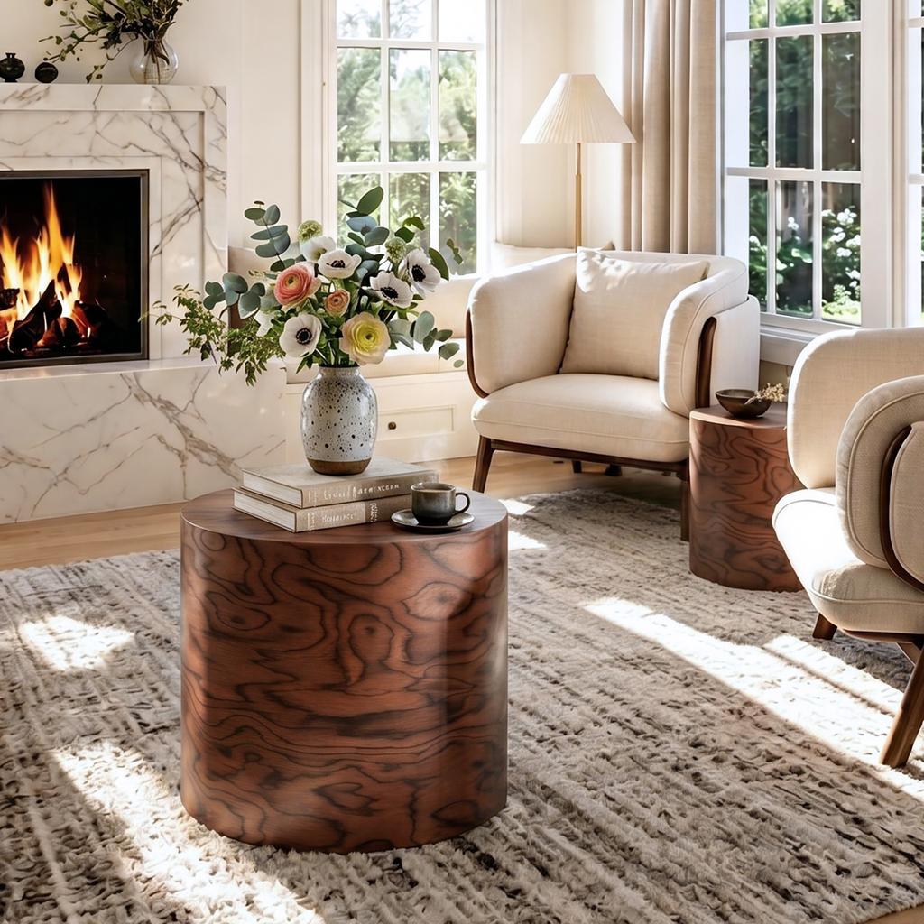 2-Piece Nesting Round Coffee Table Set, Tree Stump Drum Accent, No Assembly, Swirl Grain for Living Room, Modern Farmhouse Home Decor, Brown Pommele