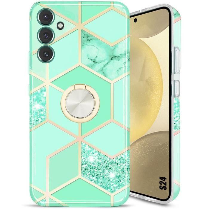 Coque - BOOLING - pour Samsung Galaxy S24 - Turquoise - Souple - Anneau Rotatif 360°