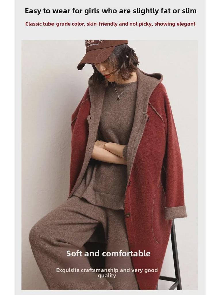 Женское кашемировое пальто с капюшоном — толстое, теплое, средней длины, выше колена, кардиган для осени и зимы