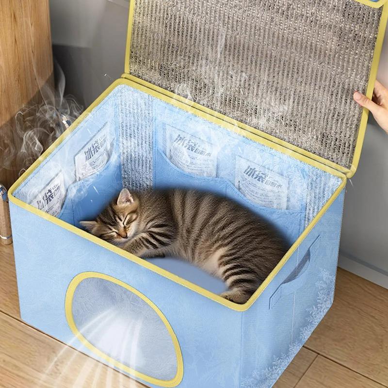 Cat Cooling Bed Portable Air Conditioner House Foldable Pet Igloo Nest with Ice Packs for Small Medium Cats Kittens