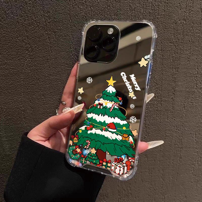 Cute Christmas Tree Pattern Mirror Acrylic Phone Case For iPhone 11 12 13 14 15 16 17 Pro Max XS X XR 7 8 Plus 16E Bumper Cover
