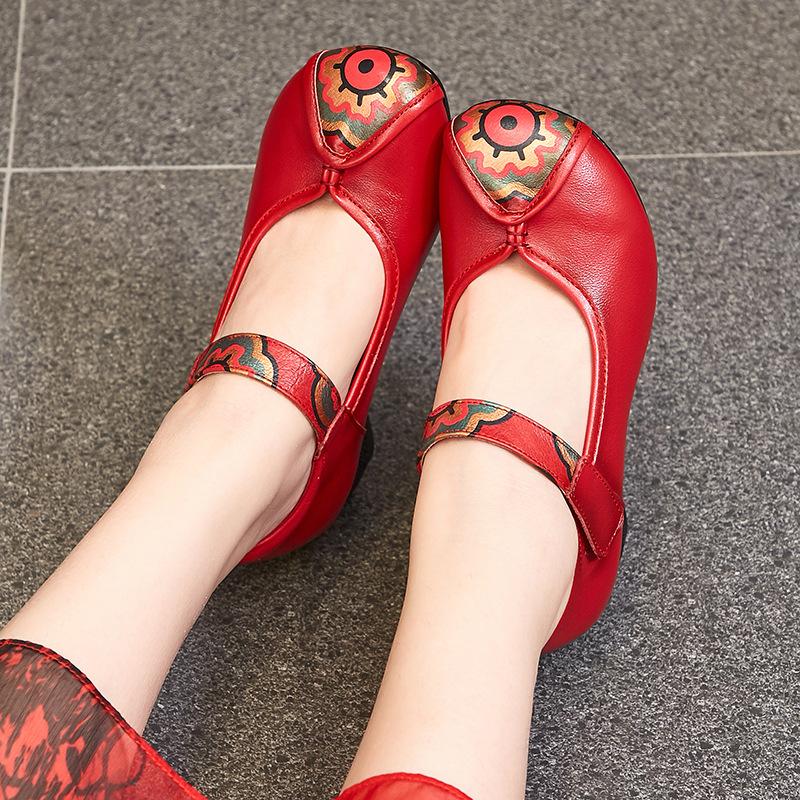 Shoes Women's Shoes Cowhide Chunky Heel Soft Bottom Non-slip Leather Shoes Ethnic Single Shoes
