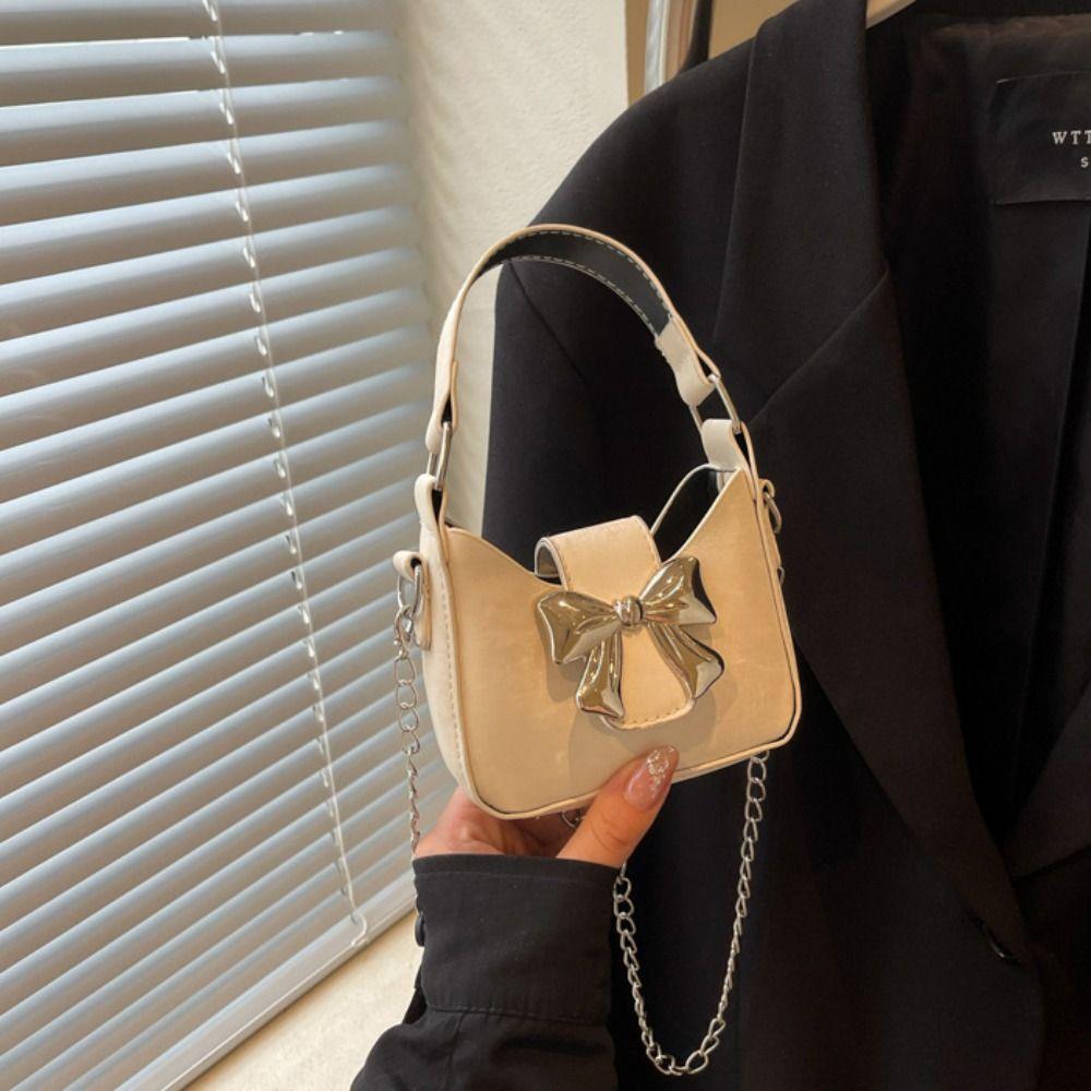 Handbag Bow Buckle PU Bag Pu Leather Women's Shoulder Bag Casual Silver Bucket Bag Storage phone