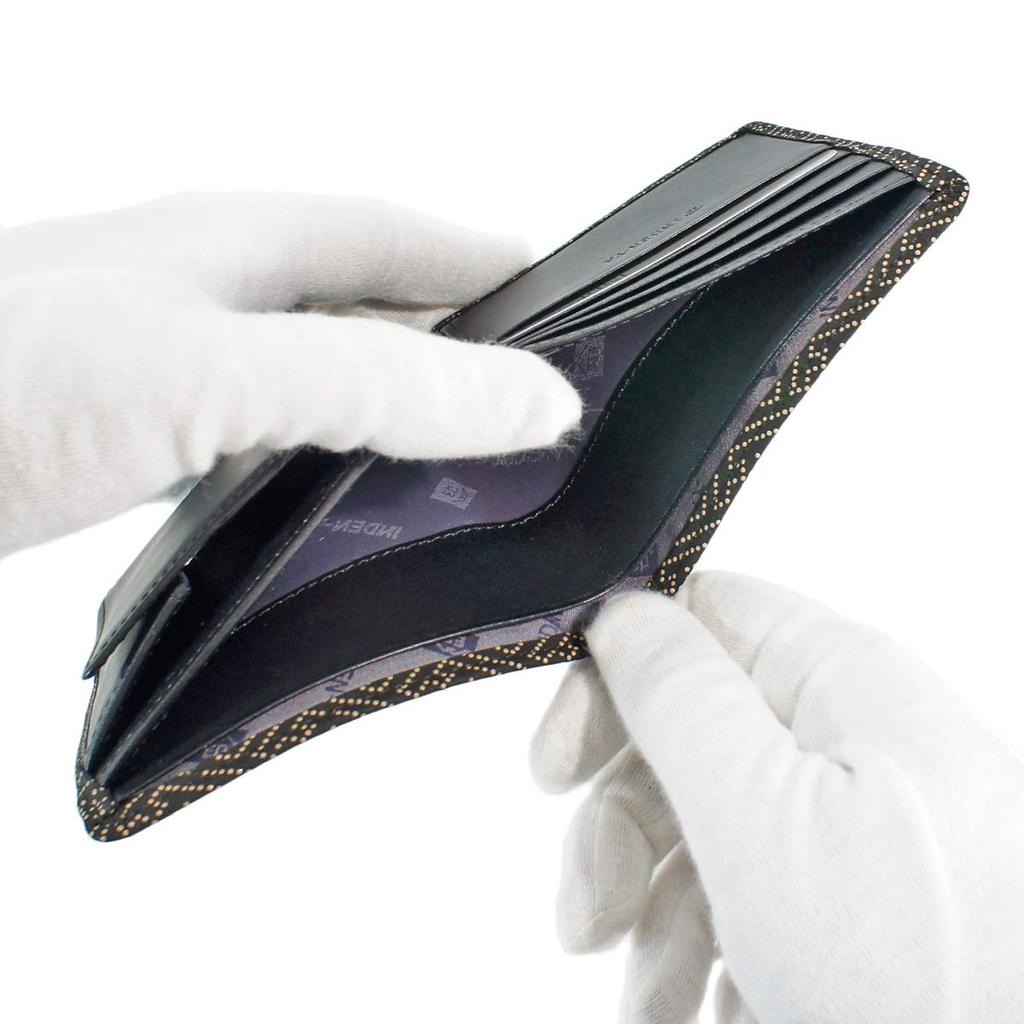 [Inden-ya] Inden Bifold Wallet with Small Bill Compartment and Box-Shaped Coin Purse, Deerskin Leather, Black with White Lacquer, Saaya Pattern,