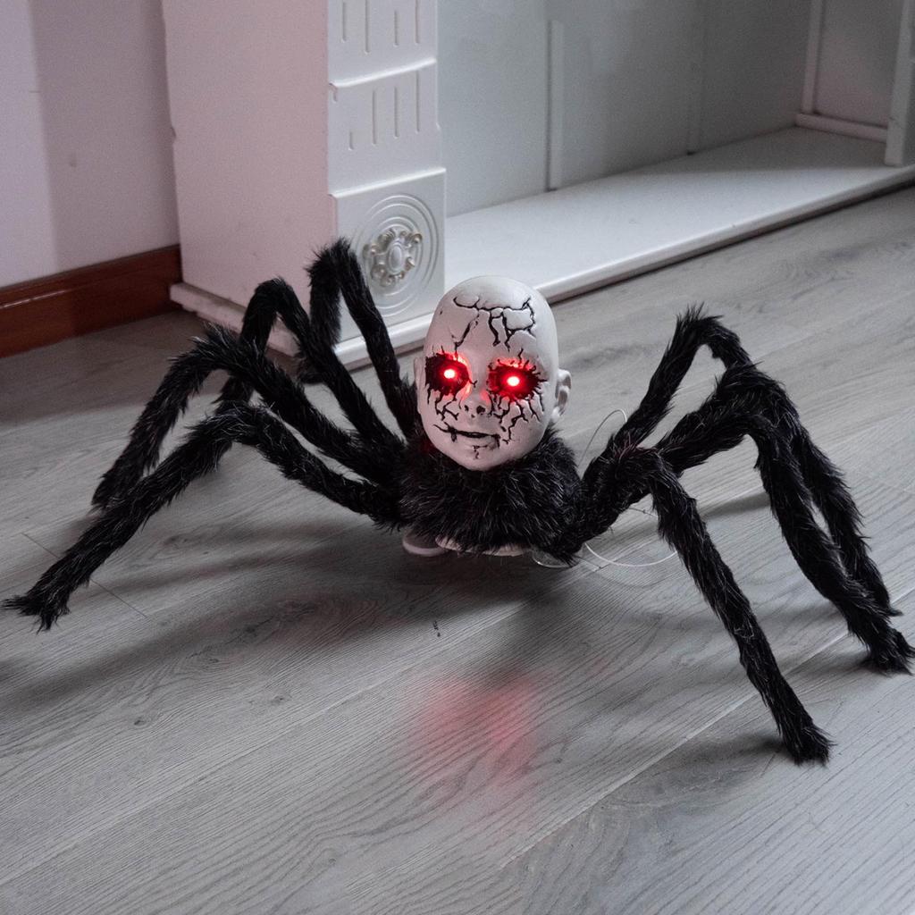 Halloween Doll Face Spider Haunted House Electric Induction Light-up Voice-activated Scary Walking Toy Ornament