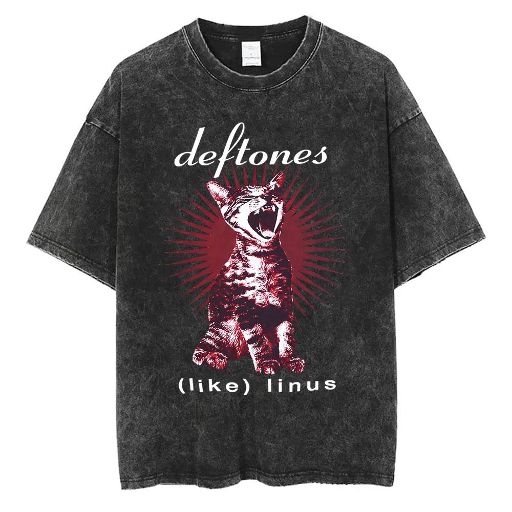 Стирка Винтажные Футболки с Графикой Кота Рок-Группы Deftones Мужские Альтернативный Хэви-Метал Короткий Рукав Мужской Ретро Уличная Одежда