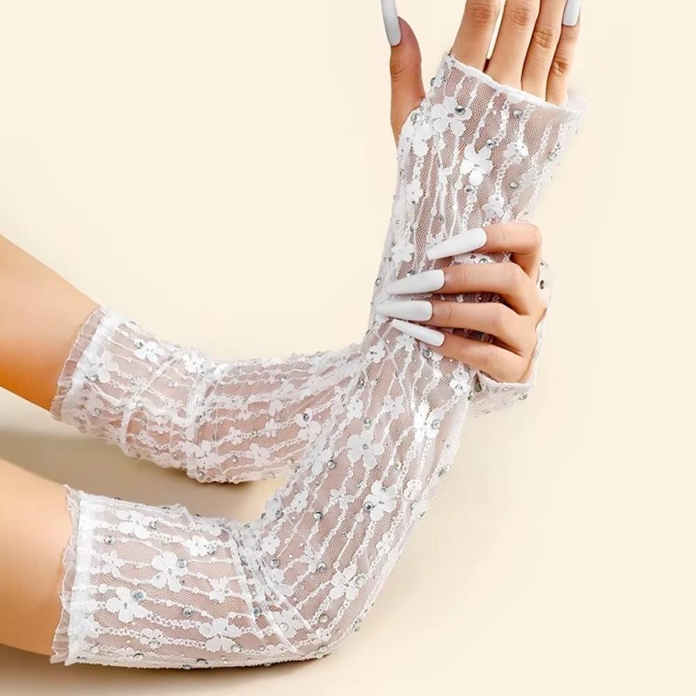 1 Pair Elasticity Mesh Gloves Glitter Rhinestone Gloves Retro Lace Gloves for Women