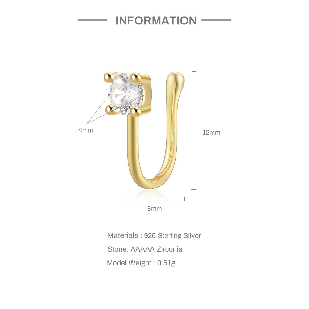CANNER S925 Sterling Silver Single 5a Zircon U-Shaped Nose Ring Nose Cuff Piercing Jewelry for Girls