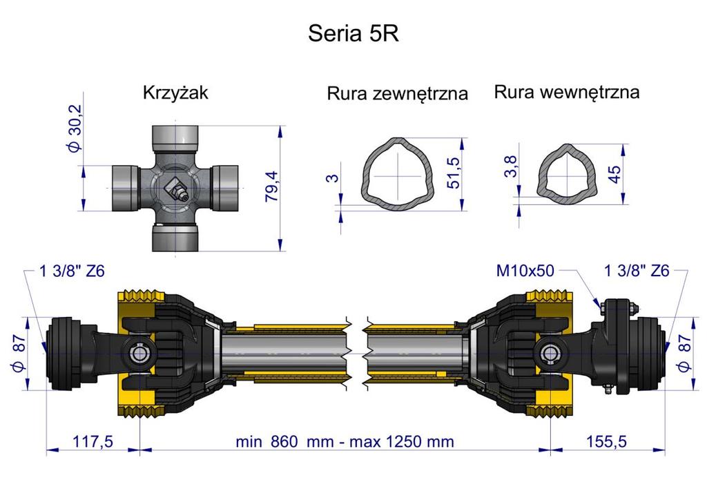 Wał Przegubowo-Teleskopowy 860-1250Mm 620Nm Sprzęgło Z Kołkiem 2200Nm 60960 Ce 2020 Seria 5R Waryński