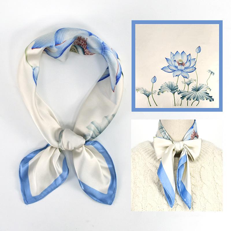 70*70cm Luxury Floral Square Scarf For Women Elegant Ladies Hijab Neckerchief Shawl Solid Soft Stain Silk Scarves For Travel
