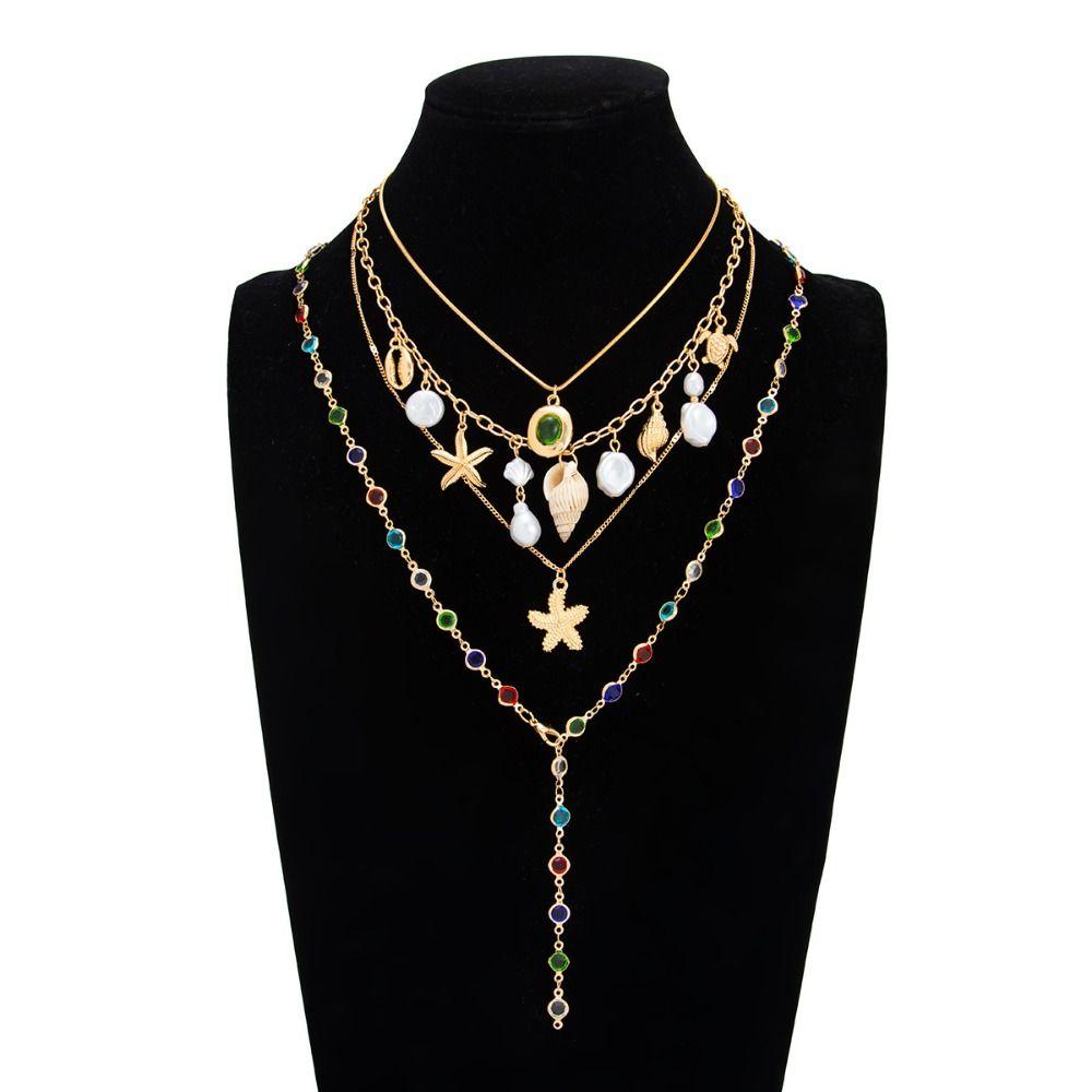 Cross Colorful Crystal Necklace Set Y-Shaped Beads Chain Choker Sea Beach Jewelry