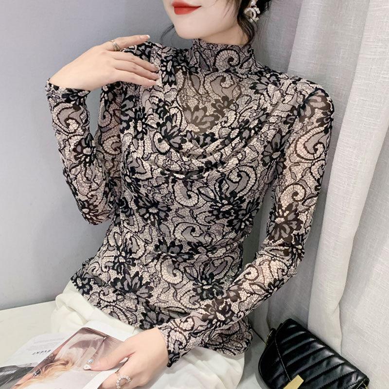 Женская рубашка в сеточку в стиле ретро с V-образным вырезом, модная футболка с длинными рукавами, облегающий танцевальный топ