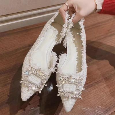 Модная женская обувь на плоской подошве Весна и Лето 2025 Новая Бриллиантовая Квадратная Пряжка Острый Носок Французская Большой Размер Женская Обувь 41 42 43