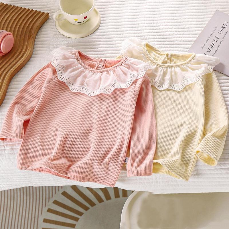 Baby Clothes Autumn Infant Girls Long Sleeve T-shirts Lace Lotus Collar Princess Kids Ribbed Bottoming Shirt Toddler Cotton Tops